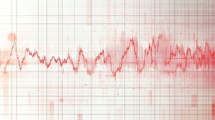 Detailed seismogram showing richter scale measurement with crisp red zigzag lines against minimalist grid background, earthquake vibration data visualization with amplitude peaks and frequency