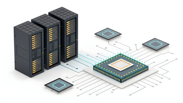3D rendering of powerful data center server racks linked digitally to multiple microprocessors on white background