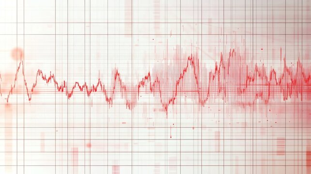 Detailed seismogram showing richter scale measurement with crisp red zigzag lines against minimalist grid background, earthquake vibration data visualization with amplitude peaks and frequency
