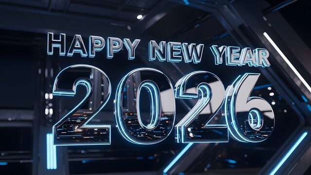 Happy new year 2026 celebration with glowing neon numbers and text