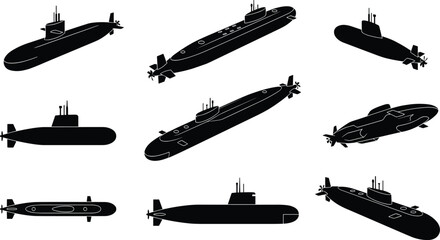 Black Submarine Silhouettes Vector Set Military Naval Vessels Underwater Attack Transport Warship Icons Ocean Deep Dive Technology Collection
