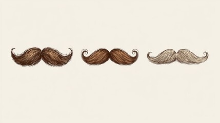 Artistic vector rendition of three traditional facial hair styles for gentlemen, featuring the luxurious handlebar, the distinguished chevron and the refined pencil mustache with expressive sketch