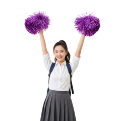 Excited Schoolgirl Cheering with Purple Pom Poms, Transparent Background