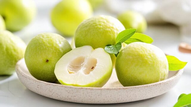 Juicy Guava: Fresh guavas are artfully arranged in a rustic plate, their vibrant green skin promising a burst of sweet, tropical flavor. the inviting display captures the essence of fresh produce.