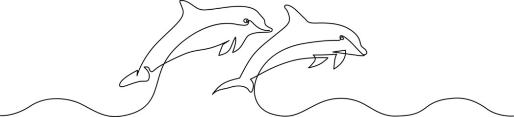 Continuous line art drawing of two graceful dolphins jumping over ocean waves Vector