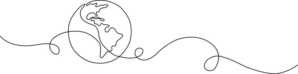 Continuous line drawing of planet earth globe with abstract flowing wave Vector