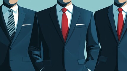 Polished vector illustration of corporate professionals in premium business suits featuring precise tailoring details, subtle pattern work and elegant proportions in modern graphic style