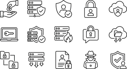 Data Security, Protection, and Privacy Line Icons Set, Including Server, Cloud, Encryption, Hacker, Financial Transaction, and Confidential Documents.