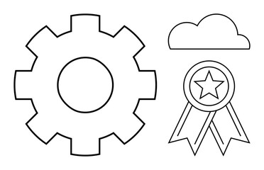 Gear, cloud shape, and award badge with ribbons represent technology, productivity, recognition, and success. Ideal for teamwork, creativity, systems achievement goal-setting cloud solutions