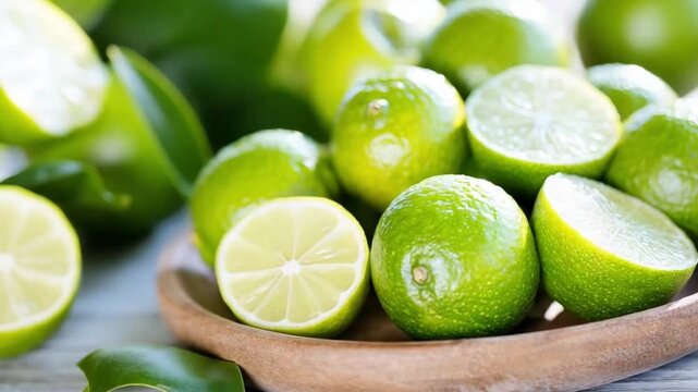 Fresh Limes on a Wooden Platter: A close-up shot of vibrant green limes, some halved to reveal juicy flesh, arranged on a rustic wooden platter, symbolizing freshness and culinary potential.