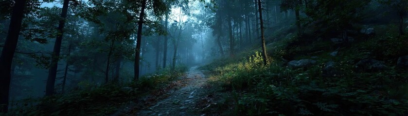Naklejka premium Deep forest with ghostly apparitions at dusk concept. A serene forest path illuminated by soft, ethereal light.