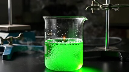 Glowing green chemical reaction in a beaker laboratory science experiment - Powered by Adobe