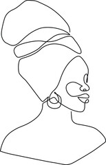 Continuous line art portrait of an african woman with headwrap and earring Vector