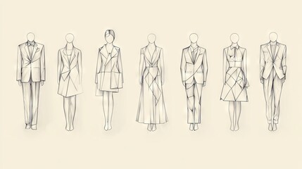 Ceremony dress code essentials rendered as sophisticated line art, formal fashion icons symmetrically arranged on light background, refined continuous line technique, perfect geometric proportions,