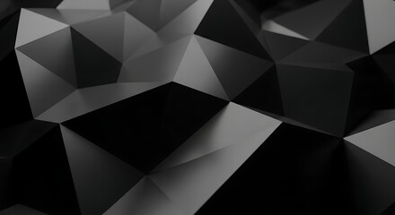 Abstract geometric background with low poly triangles in dark shades of grey and black, creating a textured, modern, and sophisticated visual