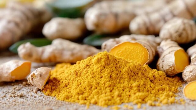 Golden Spice: A close-up shot of fresh turmeric roots and turmeric powder. Emphasizing the vibrant color and natural goodness.