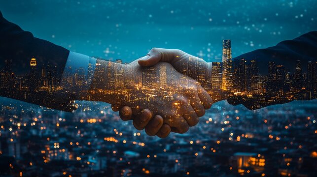 Professional handshake silhouette overlaid with glittering city skyline at night, transparent layers merging business agreement with urban success, deep blue and gold color palette, dramatic lighting