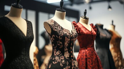 Sophisticated atelier workshop with array of dress forms showcasing bespoke garments, fashion design studio aesthetic, elegant silhouettes on display, professional garment presentation with artistic