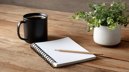 desk minimal scene with notebook pencil coffee mug and plant clean stylish workspace interior cozy organized home office productive aesthetic