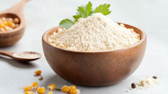 Golden Grain: A rustic wooden bowl overflows with the delicate texture of fine corn flour, alongside scattered kernels. Embellished with fresh parsley