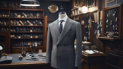 Designer tailoring workshop with bespoke gray herringbone suit jacket on premium mannequin, artisanal workspace with traditional tools precisely arranged, antique measuring implements, dark walnut