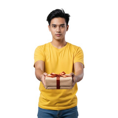 Young Asian Man Presenting Gift Box Wrapped in Brown Paper and Red Ribbon