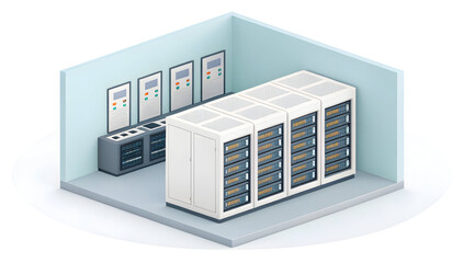 Isometric data center room illustration featuring large server racks and networking equipment for cloud computing services