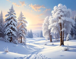 Snowy winter landscape with sunlit path winding through frosted trees