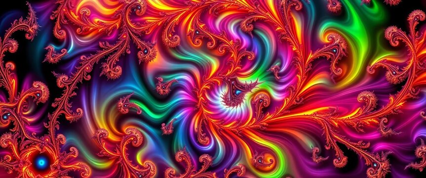 Intricate, glowing fractal design with vibrant, swirling colors,  shimmer,  bright