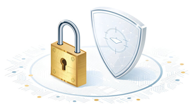 Isometric golden padlock and protective digital shield symbolizing robust network security and data privacy defense.