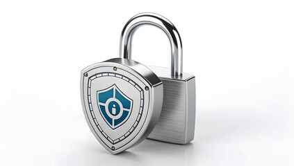 Metallic 3D padlock with a protective shield emblem featuring an information icon isolated on white
