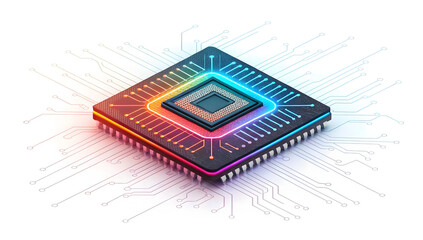 Microchip CPU processor glowing with vibrant neon light connected to digital circuit lines over an isolated white background.