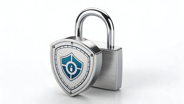 Metallic 3D padlock with a protective shield emblem featuring an information icon isolated on white