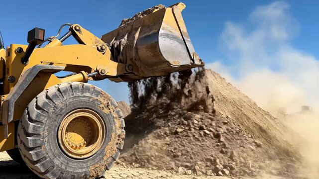 Closeup of a yellow frontend loader dumping a large pile of dirt or sand at a construction site under a clear blue sky