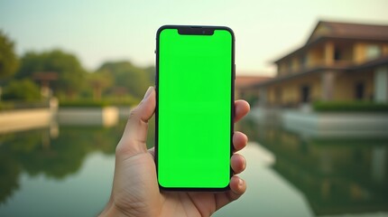 Commercial Display Mockup: Green Screen Phone Display with Villa and Resort Environment