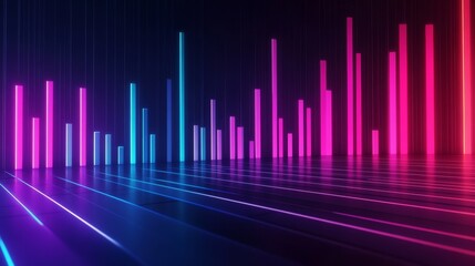 Geometric neon equalizer with gradient cyan-to-magenta bars rising and falling organically, perfect vector precision lines outlining audio spectrum peaks, minimalist sound visualization design,
