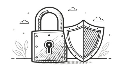 Padlock and shield hand drawn sketch illustration representing digital safety internet protection and cybersecurity