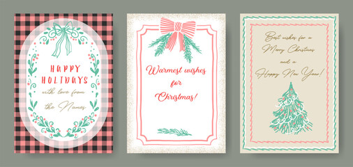 Christmas and New Year greetings. Holiday backgrounds set. Vector templates for greeting cards, posters and social media posts. Whimsical illustrations style.