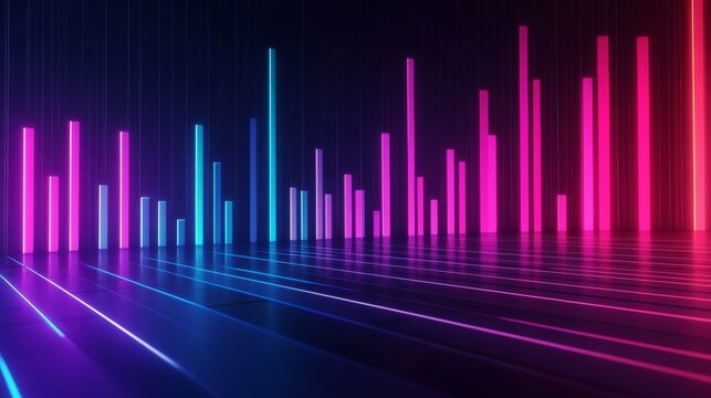 Geometric neon equalizer with gradient cyan-to-magenta bars rising and falling organically, perfect vector precision lines outlining audio spectrum peaks, minimalist sound visualization design,