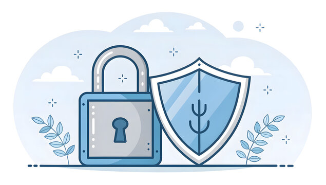 Padlock and shield representing robust data security and privacy protection in a modern blue line art illustration