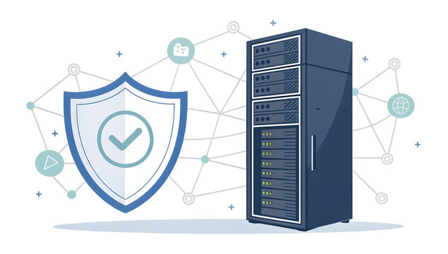Server rack illustration protected by a large security shield symbolizing network infrastructure and data center defense.