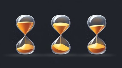 Technical vector illustration set of rotating hourglass loading icon, sophisticated sand fall physics, progressive frames showing complete 360-degree revolution, application UI element design