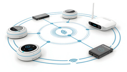 Smart home devices connected in a circular network diagram illustrating modern wireless internet of things technology.
