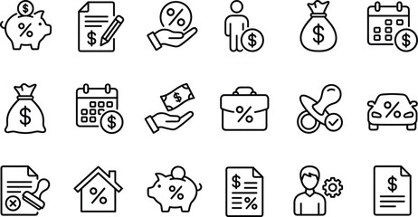 Comprehensive financial and banking linear icon set featuring savings, loans, interest rates, mortgage, investment, budget planning, and debt management for business and personal finance.