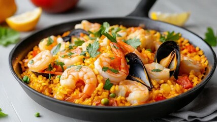 Seafood Paella Delight: A tantalizing close-up showcases a vibrant paella, bursting with an array of fresh seafood and aromatic flavors, a feast for the eyes and a promise of culinary delight.
