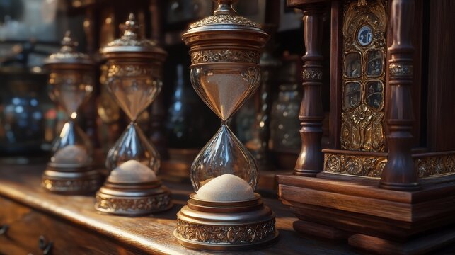 Game asset collection featuring animated sandglass timer in multiple states of rotation, consistent lighting effects throughout sequence, stylized fantasy design with ornate decorative elements