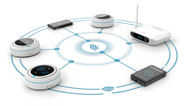 Smart home devices connected in a circular network diagram illustrating modern wireless internet of things technology.