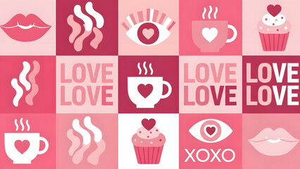 Fototapeta premium Valentine s day pattern with hearts lips coffee and cupcakes