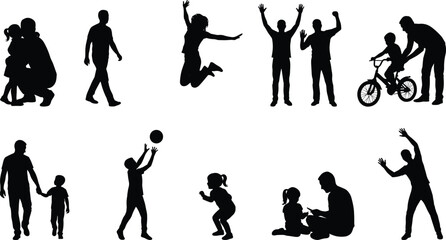 Silhouettes of families and children engaging in various activities—hugging, playing, jumping, and cycling—illustrating family life, childhood, fun, and bonding.