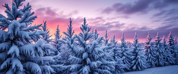 Snow-covered pine trees, glistening with frost, under a twilight sky,  card,  frost